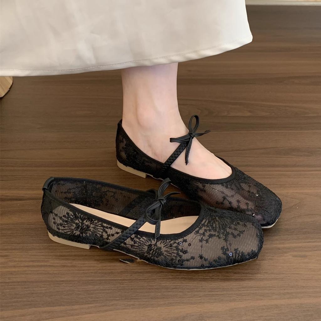 Französischer Ballettstil Mesh bestickt Einzelne Schuhe Damen 2025 Frühling und Sommer neue Modelle mit Röcken, Schleifen, flache Mary Jane Schuhe