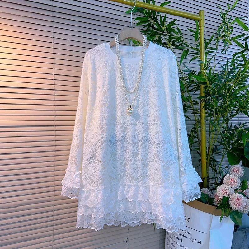 Mode Neues Langarm-Patchwork-Spitzenhemd Locker Lässig Einfarbig Hohl Elegant Vielseitiges Oberteil