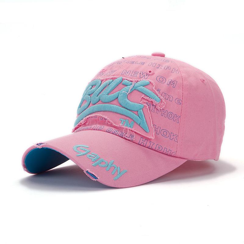 Baseballkappe im koreanischen Stil mit Fledermausstickerei, gewaschen - Unisex, Distressed, Lässig, Entenschnabelhut Adjustable (54-60cm) pink