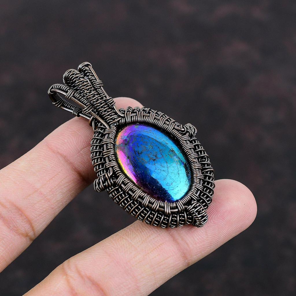 Mystischer Feuer Labradorit Anhänger Kupferdraht umwickelter Edelsteinanhänger Handgefertigter Kupferschmuck Einzigartiger Anhänger Drahtwickelschmuck Geschenk für Frauen