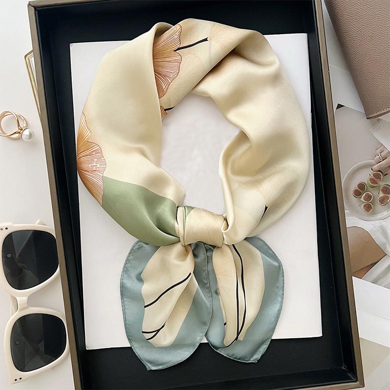 

1pcs 70cm Ginkgo Leaf Printed Silk Scarf for Women Simulated Silk Fresh Geometric Headwear Clothing Small Square Scarf