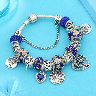Leabyl Dark Blue Tree of Life DIY Charm Bracelet Silver Color Plant Heart Handmade Bead Bracelet Pulsera Hombre