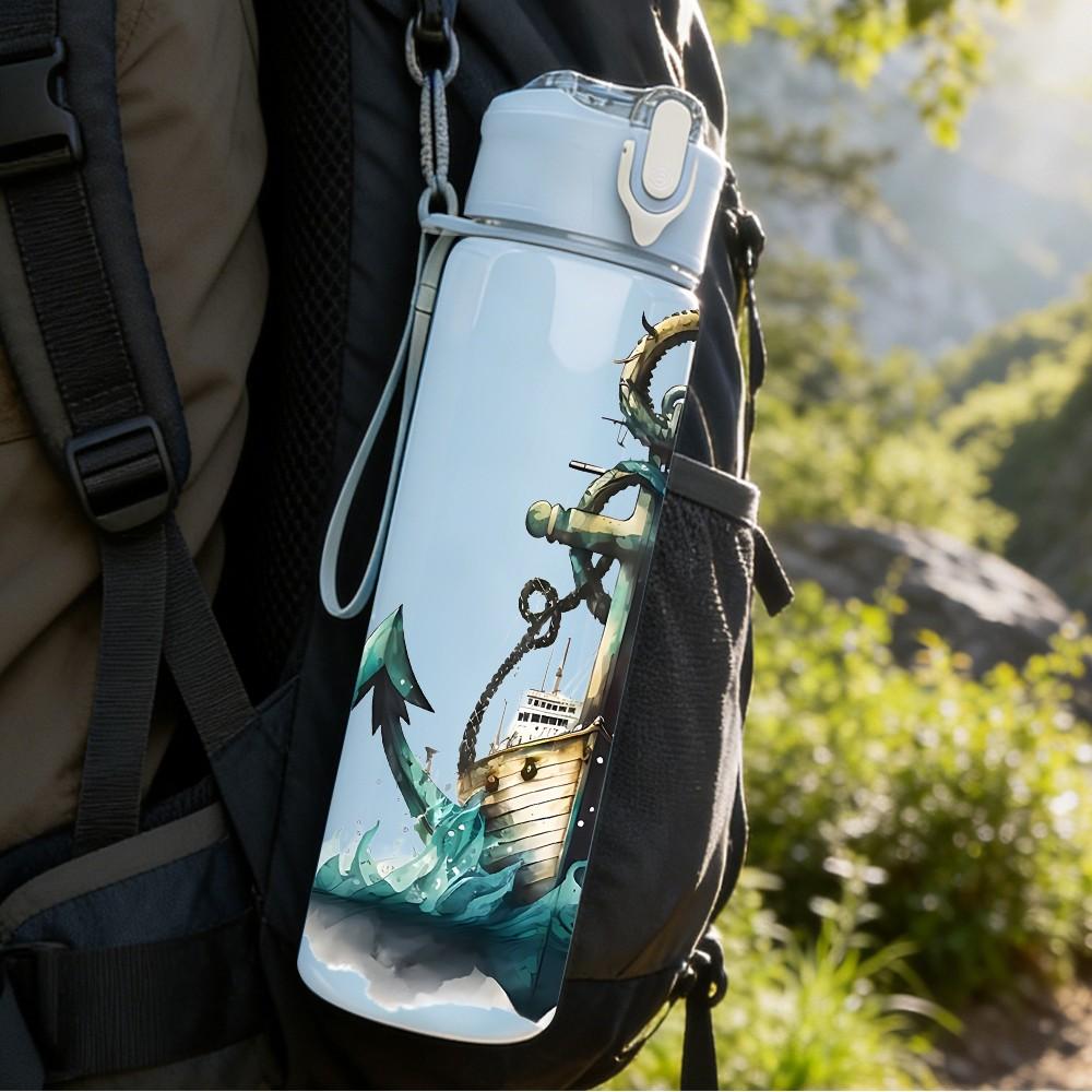 1PC Vintage Anchor Marine Pattern 750ml Color Plastic Sports Water Bottle Leakproof Flip Straw Lid Suitable for Sports Office Home Use