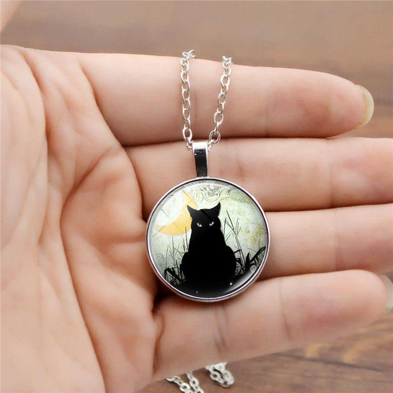 Black Cat Under the Moon Luminous Women's Jewelry Luminous Crystal Glass Necklace Small Gift Pendant Necklace