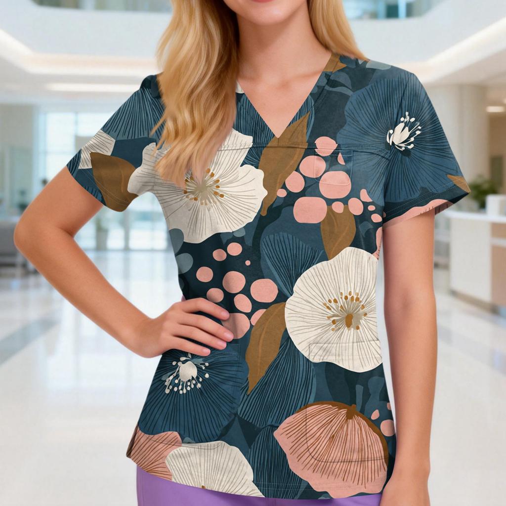 Damen V-Ausschnitt Drei-Taschen Kurzarm Retro-Print Uniform/Pflegekraft Oberteil Mit Schlitzen Am Saum