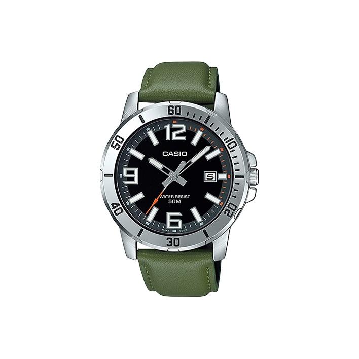 

Casio Standard Series Waterproof Pointer Business Green Quartz Movement Leather Stainless Steel Strap Men watches Black MTP-VD01L-3BV Green Dial