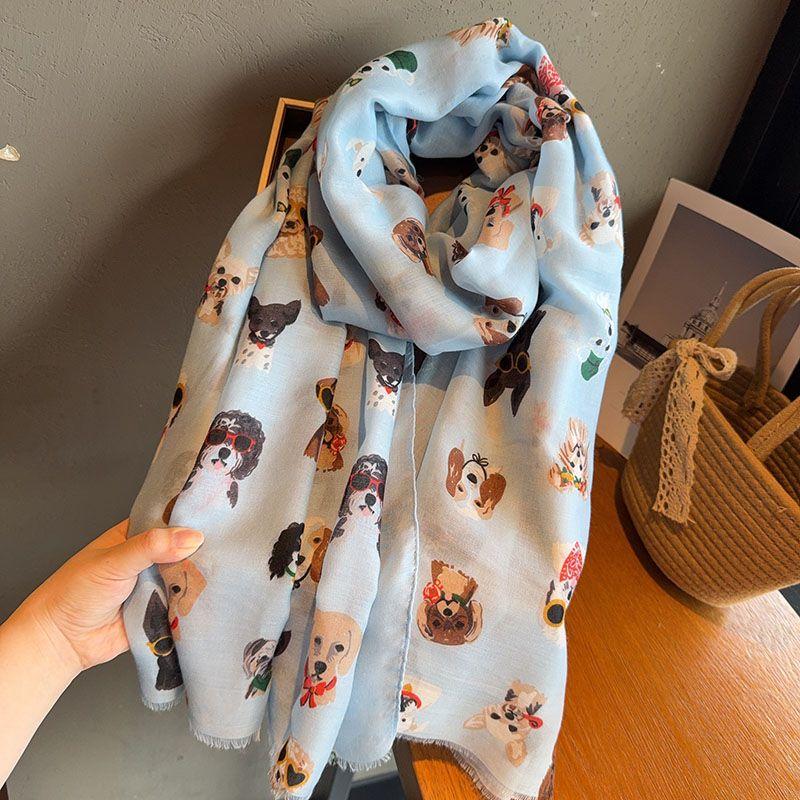 Stylish Dog Print Scarf with Fashion Glasses Design Lightweight Cotton Viscose, Breathable & Windproof for Spring/Autumn Travel