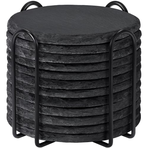 MAPRIAL Slate Coasters with Holders, Set of 12, Round Black Slate Stone DIY Coasters with Scratch-Resistant Backing, Halloween, Christmas, Bar, Kitche