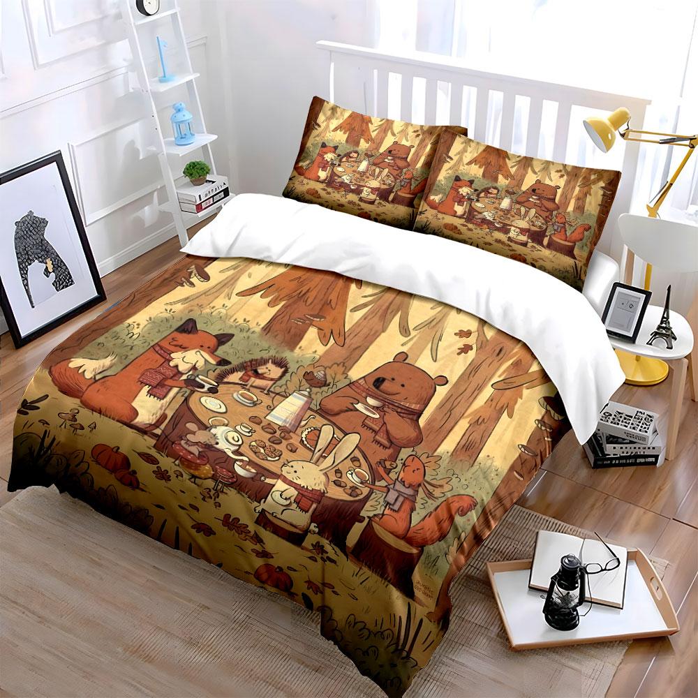 Cozy Woodland Animal Tea Party Printed Duvet Cover Set1 Duvet Cover+2 Pillowcasemulti Size Bedroom Bedding Decor Luxury Gifts