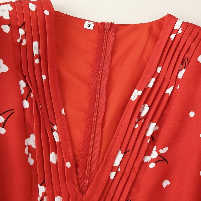 Kaslead New Women Clothes Western Style Fashion with Collar Puff Sleeve Strip Drawing Decoration Print Dress