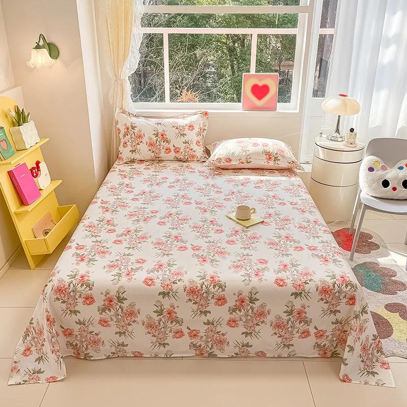 Botanical Floral Flat Sheet Twin Queen Garden Flower Bed Sheet Set Soft Cotton Pastoral Wildflowers Bed Cover with 2 Pillowcases