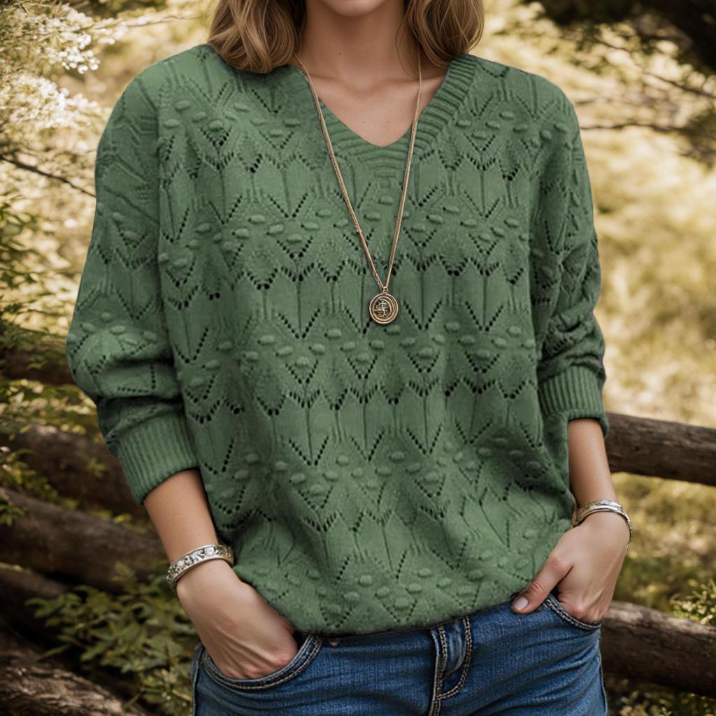 2025 Autumn/Winter Women's V-Neck Long Sleeve Solid Knit Hollow Pullover Sweater