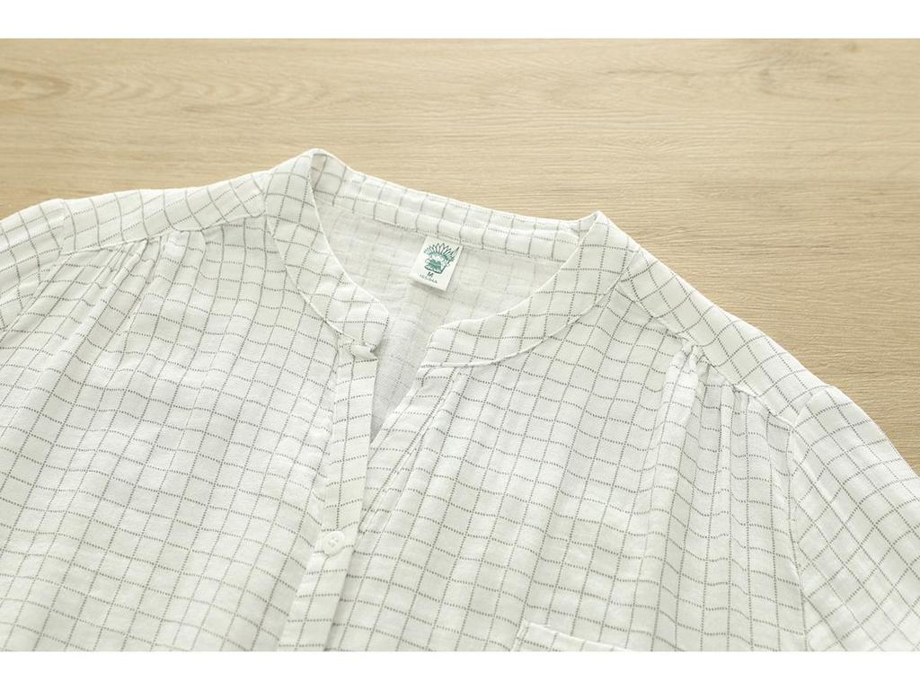 Reine Baumwolle V-Ausschnitt Kariert Damen Kurzarm Doppellagiges Mullhemd