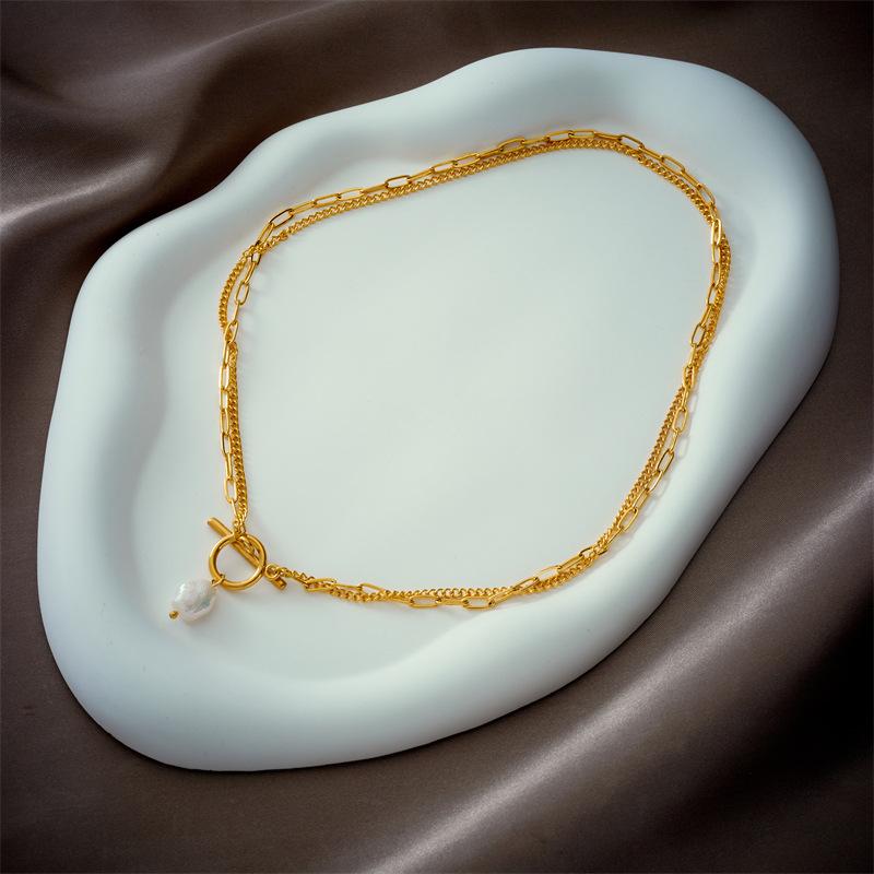 18K Gold Plated Layered Paperclip Chain Pearl Toggle Necklace, Dainty Double Chain Baroque Pearl Choker for Women, Minimalist Jewelry золотой