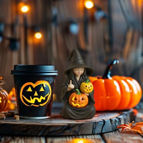 Halloween Ornament Dark Humor Witchcraft Vibe Creepy Witch Statue Black Robe Cat Themed Resin Home Decor