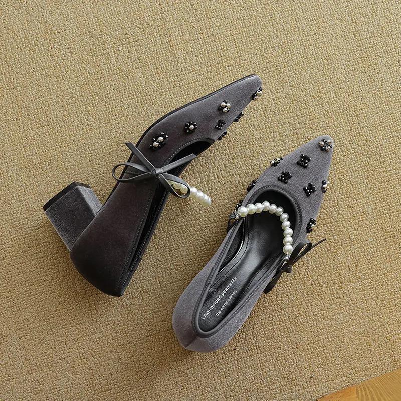 Fashion Japanese Style Lolita Block Heel Woman Pumps with Bow Medium Heels Chunky Pointed Toe Mary Jane Shoes for Women Gothic Pearl Y2k