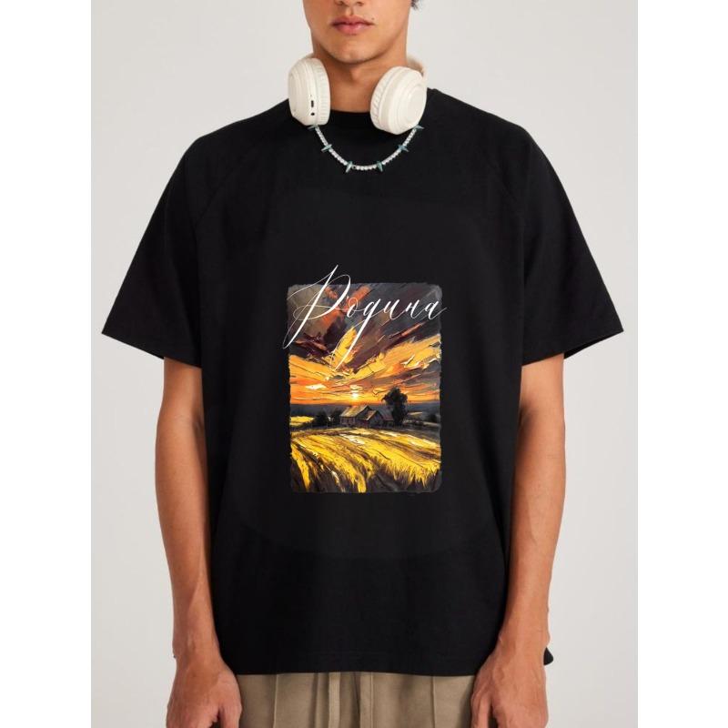 

White T Shirt with Sunset Field and Poguva Text Print Casual Wear for Men and Women XXXXL чёрный