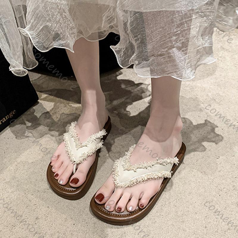 Fashion Comemore Summer Women Flip Flops Fashion Versatile Tassel Thick Bottom Beach Sandals Slides Casual Flat Indoor Outside Shoes