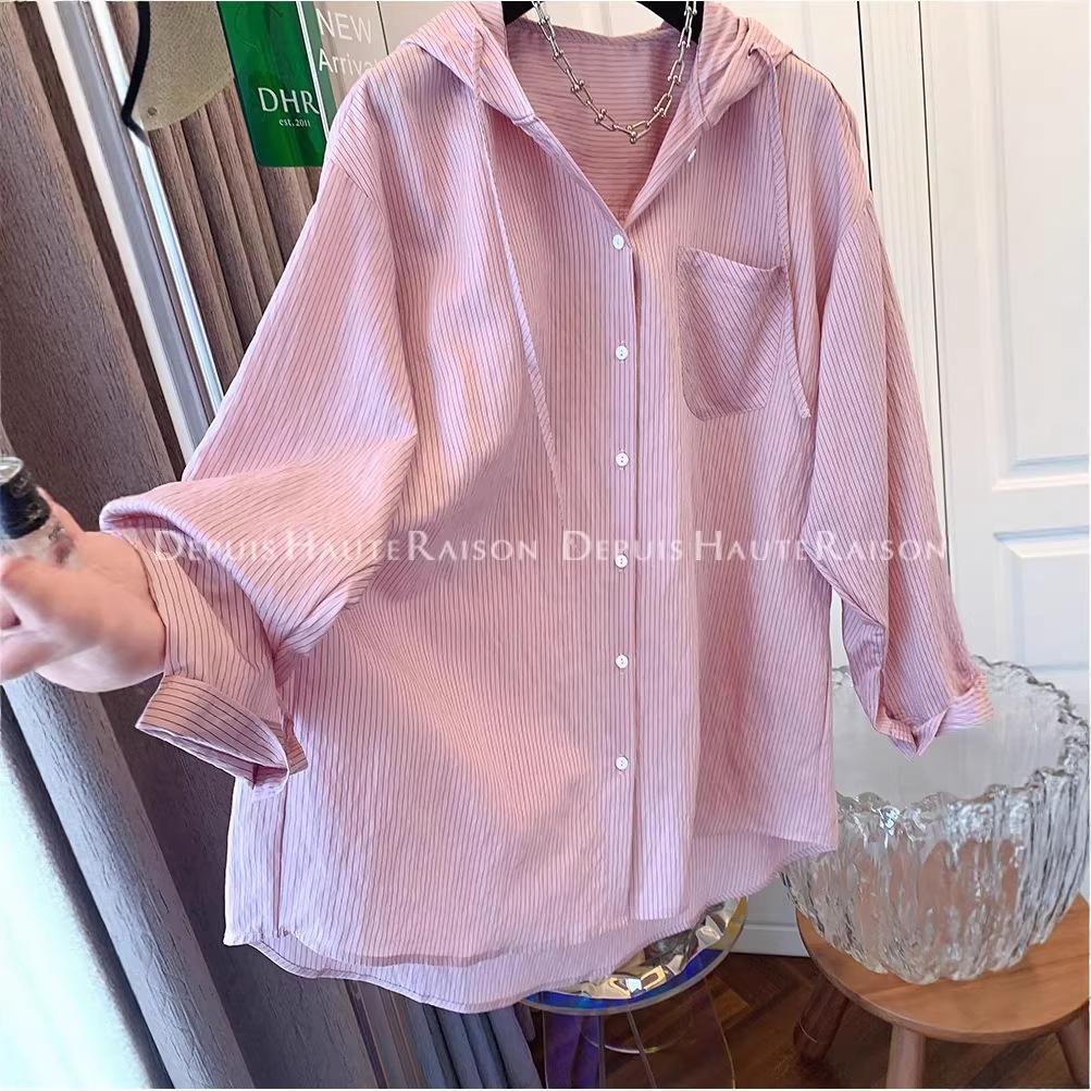 Extra Large 55.5kg Lazy Striped Hooded Sunscreen Shirt Women's Summer Thin Loose Casual Versatile Top