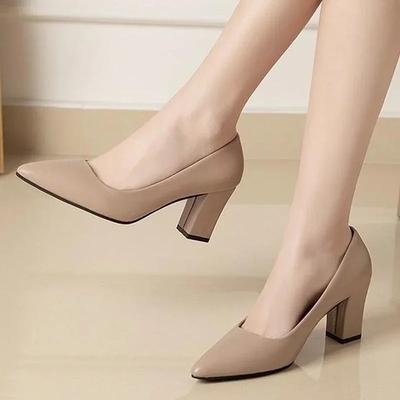 Fashion Autumn Newest Women's Leather Thick Heel Single Shoes Ladies Pointed Toe Shallow High Heels Work Pumps Eu 35-41 Black Beige
