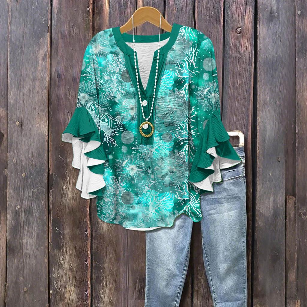 Women's Fashion Casual Button V-Neck Seven Sleeve Vintage Printed Shirt Top