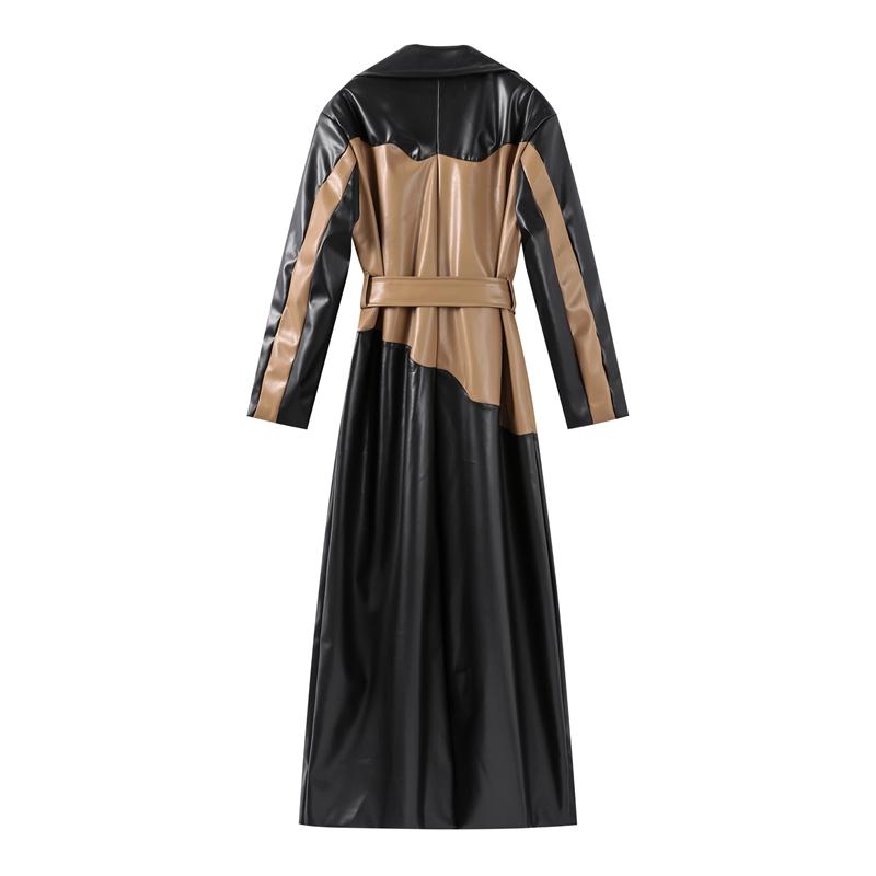Contrast Leather Long Women Jacket Lace Up Lapel Long Sleeve Female Maxi Pu Jackets Autumn Winter Street Pocket Lady Coat