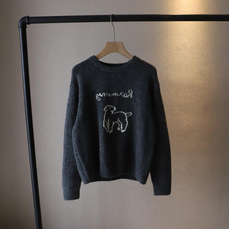 

[Би Чжэн] 2024 Зимний женский пуловер из овечьей шерсти с жаккардовым узором в виде букв, свободный, вязаный One Size серый