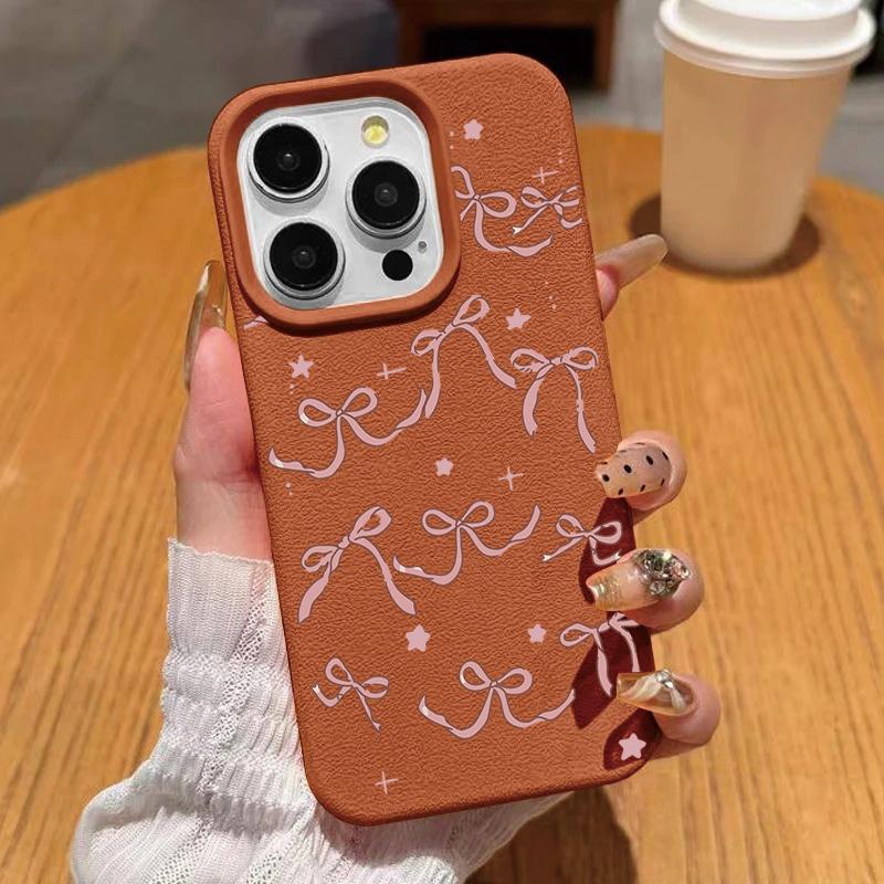 Cute Pink Star Bow Lichee leather pattern Phone Case For Samsung S25 S24 S23 S22 S21 S20 S10 Plus FE Ultra 4G 5G Shockproof