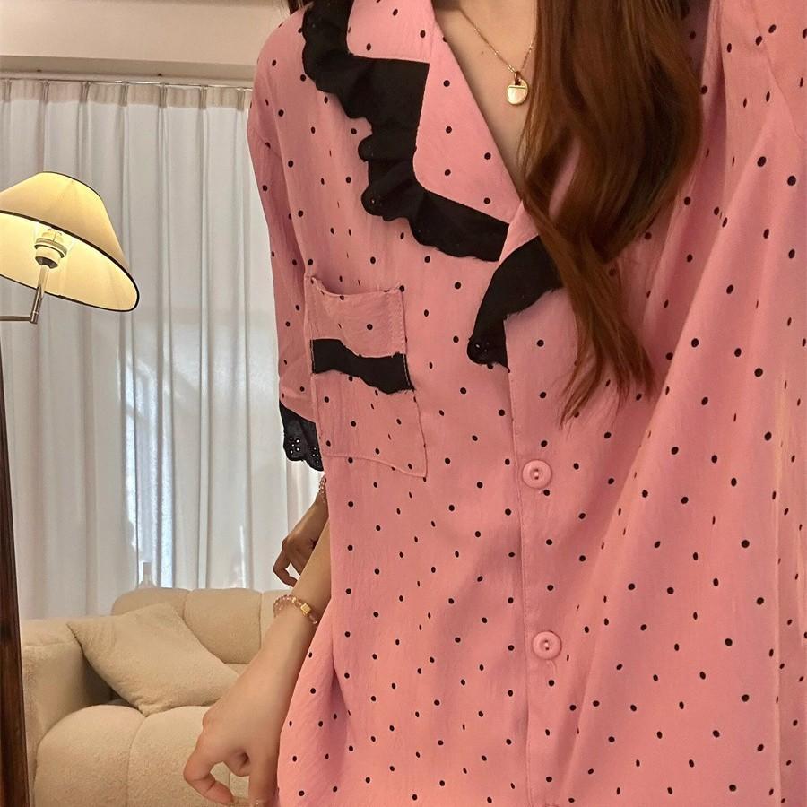 Korean high-end polka dot simple girl pajamas summer black lace short-sleeved shorts two-piece loungewear