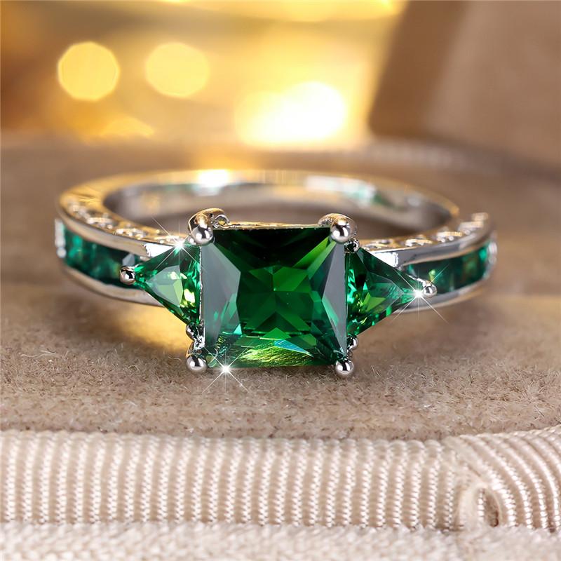 Cute Female Green Square Zircon Stone Engagement Ring  Color Wedding Jewelry For Women