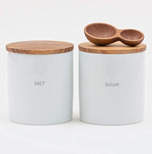 LOLO | Storage Containers | Salt & Sugar | Canister Set | Spoon Included | Made In Japan | Ceramic | Porcelain | Teak | Lid Included |