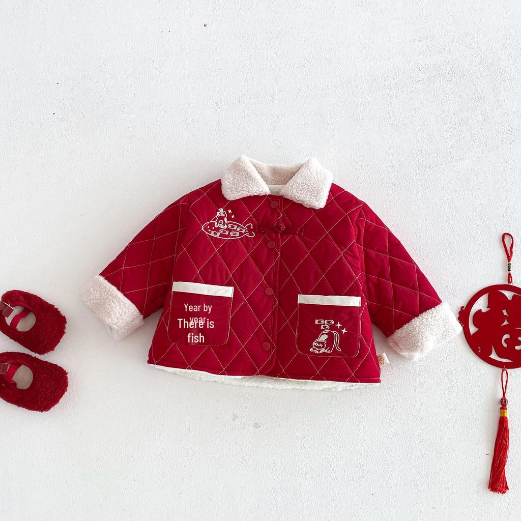 2025 Winter Boys' Cartoon Embroidered Plus Velvet Cotton Jacket