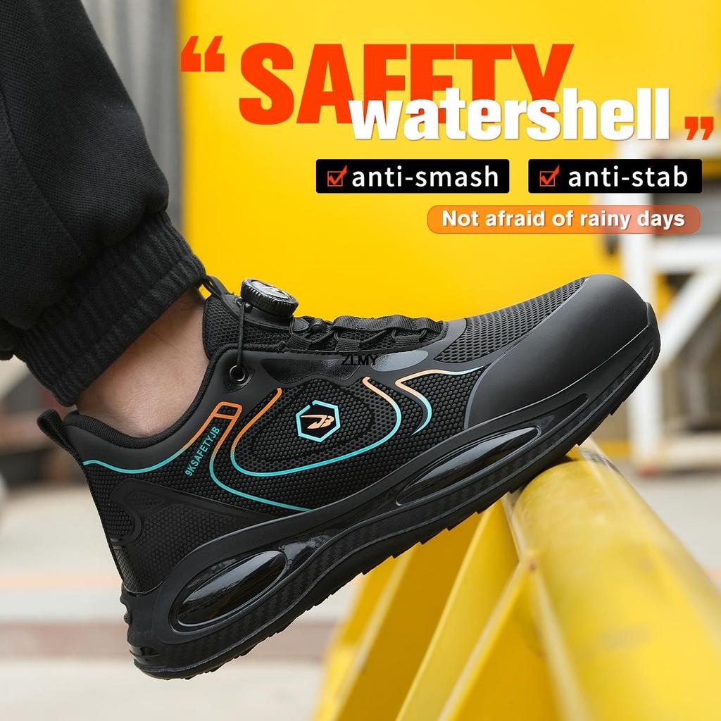 Moda impermeável superior homens sapatos de segurança botão girado biqueira de aço tênis anti-facada anti-esmagamento sapatos de trabalho homem botas de segurança de trabalho luz