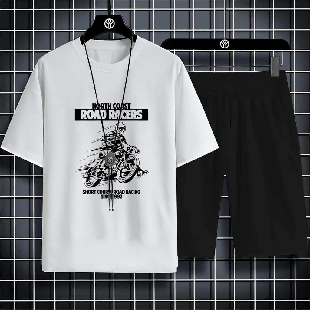 Summer Round Neck Men'S Outdoor Casual 2d Motorcycle Print Loose Comfortable Breathable Short Sleeve T-Shirt Beach Set T-Shirt