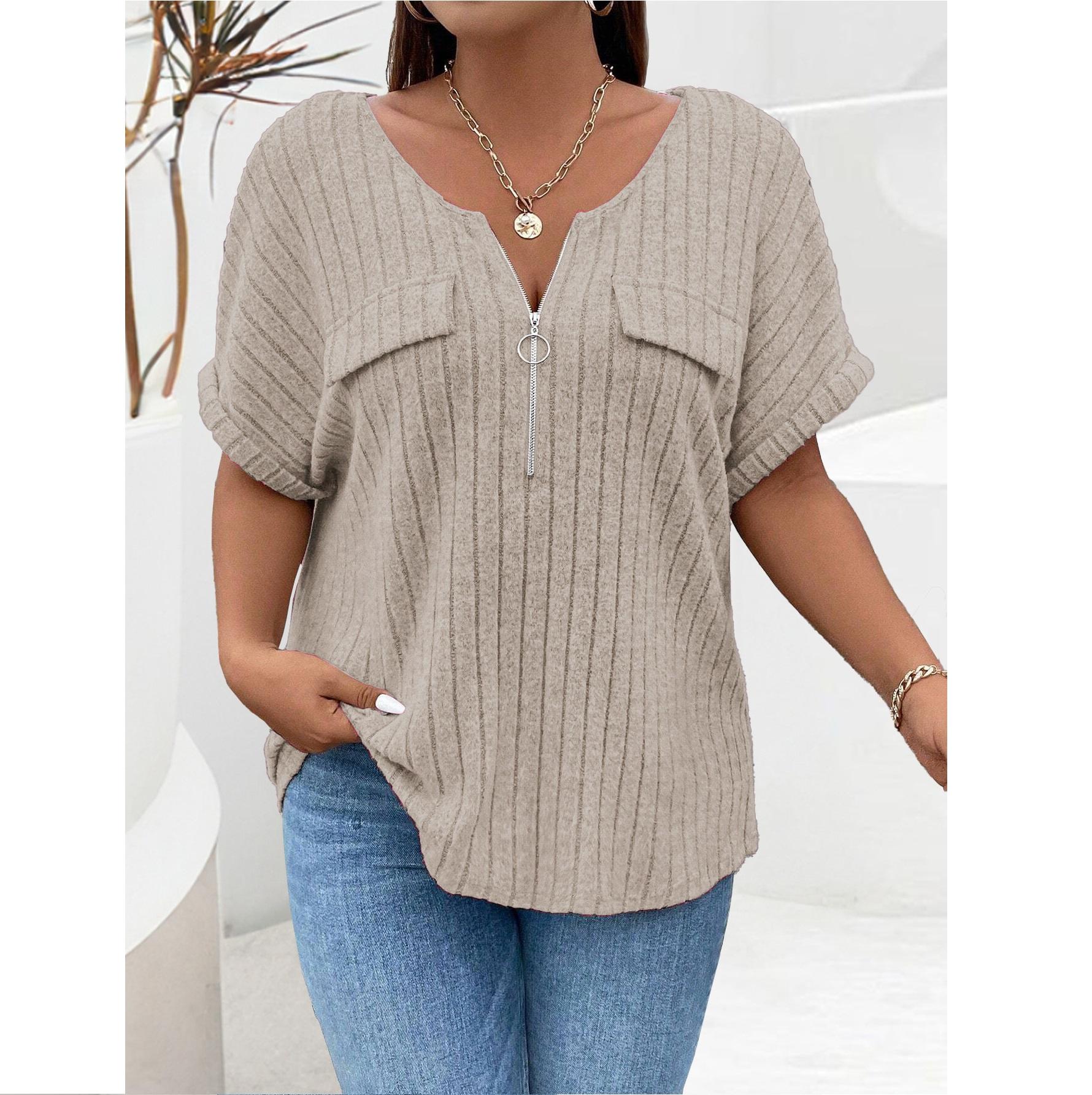 

Весна и лето однотонный женский топ больших размеров на молнии с короткими рукавами и ложными карманами, свободный крой M абрикосовый