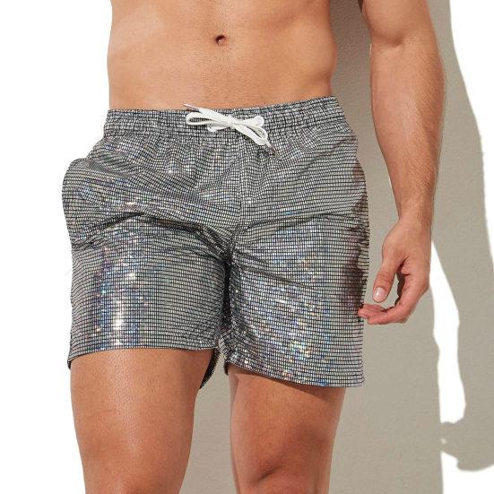 Men Gym Shorts Drawstring Elastic Waist Sequin Solid Color Soft Breathable Quick Dry Fitness Jogging Exercise Beach Sportswear Shorts