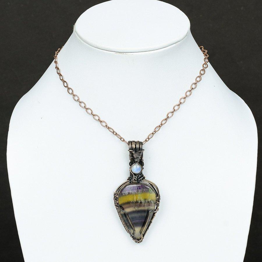 Natural Fluorite, Moonstone Gemstone Copper Wire Wrap Gift Pendant 2.99" J8D92