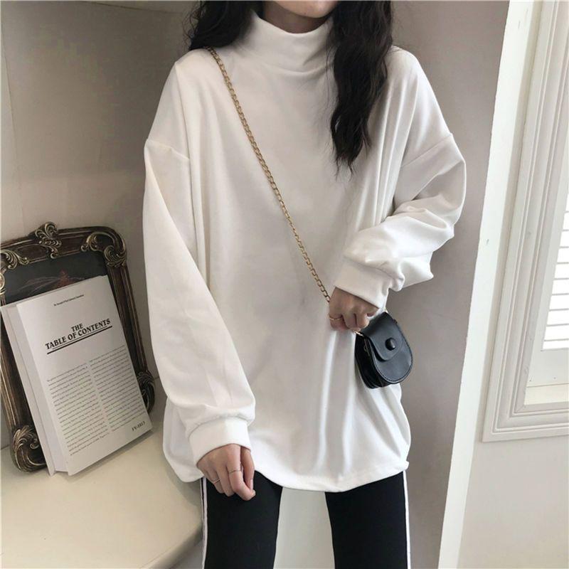 Women's Plus Size Long Sleeve T-Shirt, Thick Warm Fleece, Half-High Collar, Belly-Covering Base Layer for Autumn/Winter