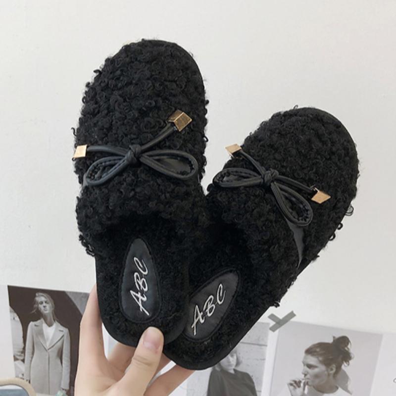 Autumn and winter Baotou hairy slippers, fashionable bow flat bottom anti slip wooden floor cover, foot hair mop