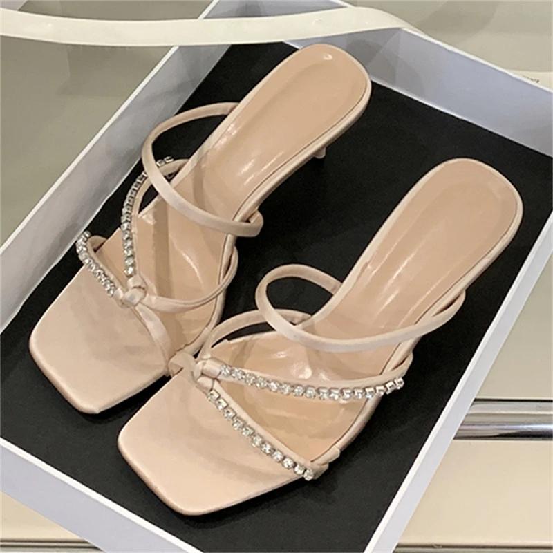 Eilyken New Summer Crystal Diamond Narrow Band Square Toe Women Slippers Thin Heels Stripper Party Slide Shoes
