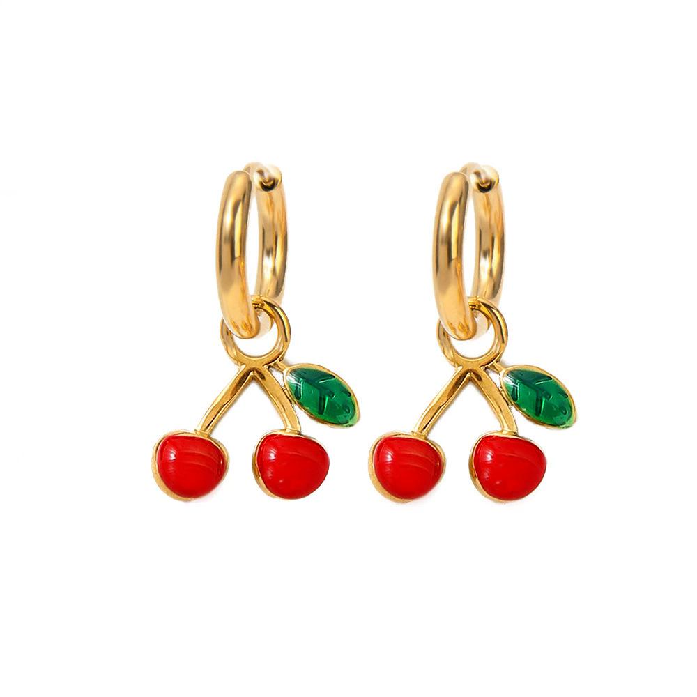 Cherry Fruit Gold Earrings: Fashionable European & American Style, Light Luxury, 18K Oil Drip, Colorfast, Vacation Niche Design.