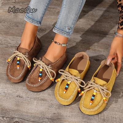 Fashion Women's Slip-On Loafers Soft Bottom Suede Leather Ethnic Style Flats Beaded Lace Up Casual Comfortable Footwear Autumn Shoes