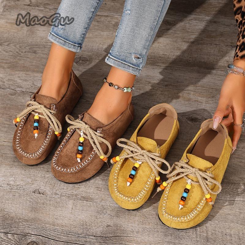 Fashion Women's Slip-On Loafers Soft Bottom Suede Leather Ethnic Style Flats Beaded Lace Up Casual Comfortable Footwear Autumn Shoes