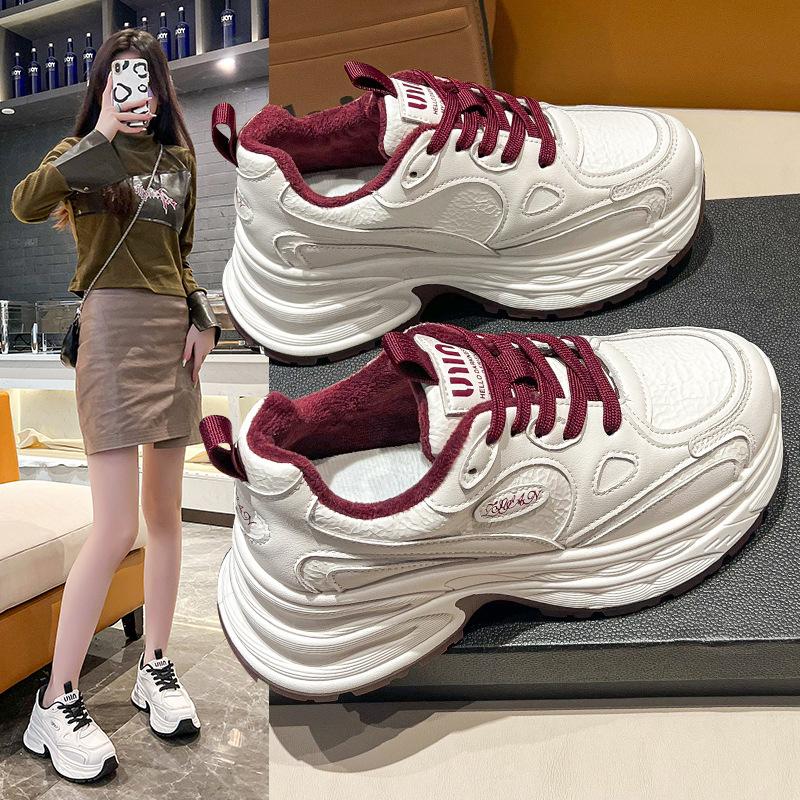 Dad Shoes Girl 2025 Autumn and Winter New Fleece Leather Sneakers Fashion Versatile Breathable Casual Platform Shoes