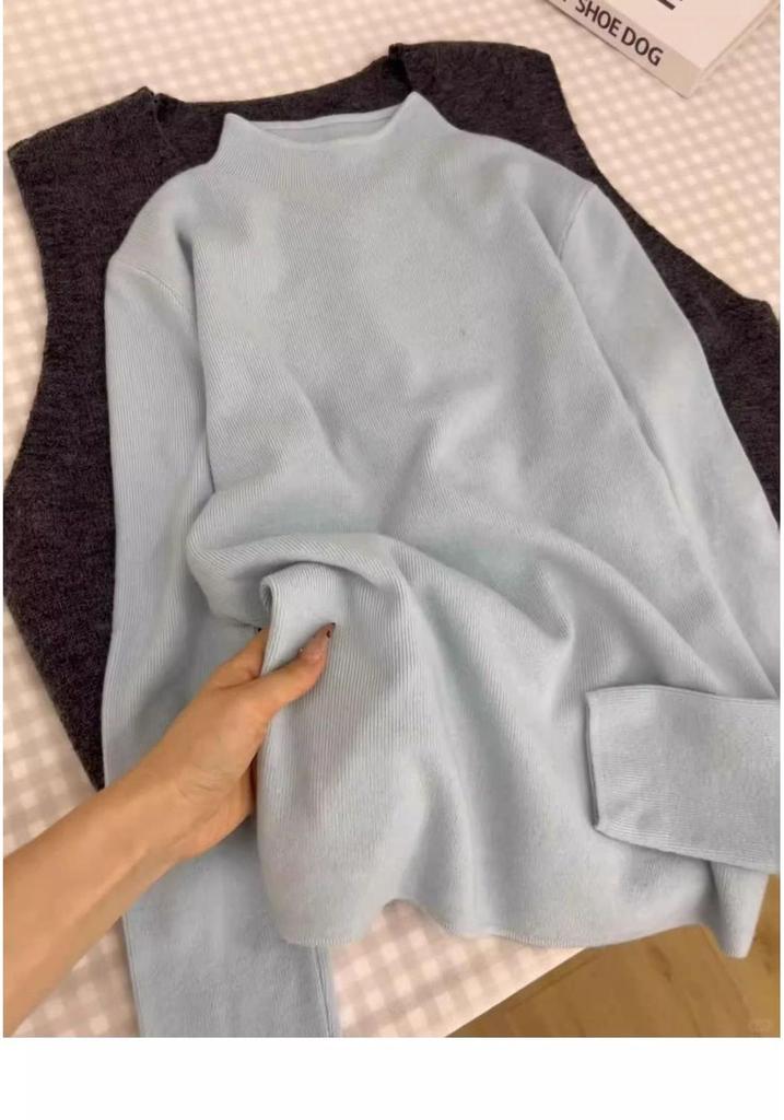 Fufu Korean Style Blue Slim-Fit Knitted Sweater, Semi-High Neck, Soft and Cozy Top for Autumn and Winter 2026.
