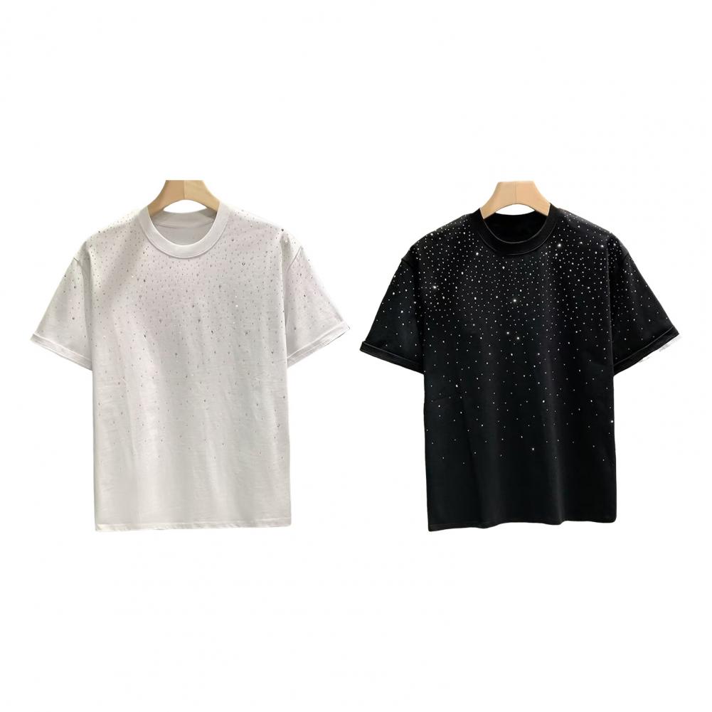 Letní pár trička s drahokamenovým dekorem s kulatým výstřihem Velká velikost Krátké rukávy Volný svetr Jednobarevná Střední délka Unisex Denní Top