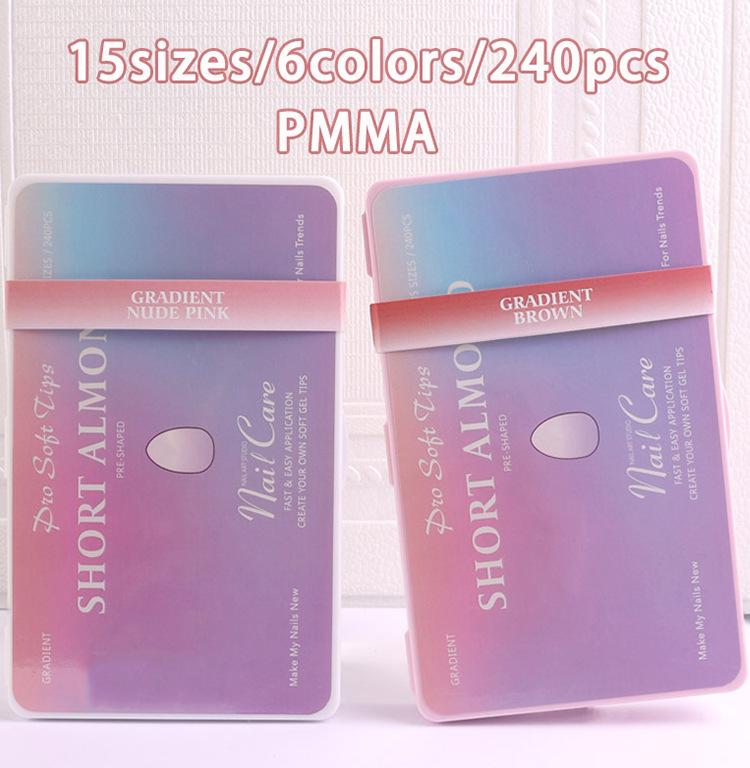 Gradient Almond Nail Extensions - 240 Pieces, High Transparency, Elasticity, Non-Yellowing, Durable False Nails