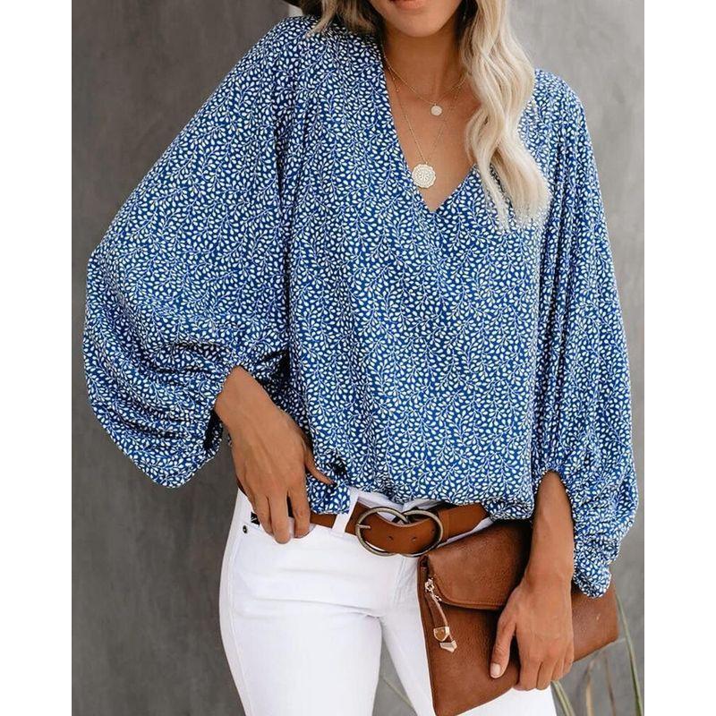 

Летняя рубашка с V-образным вырезом, топ с рукавами-фонариками с принтом, 2022 Blue M