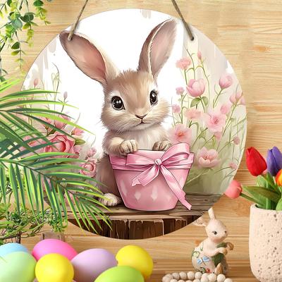 Pancarte en Bois Lapin de Pâques Fleur Rose, Décoration Murale pour la Maison, le Bureau, l'Extérieur, le Porche, la Fête, Décoration de Pâques - Idéale pour les Cadeaux de Pâques