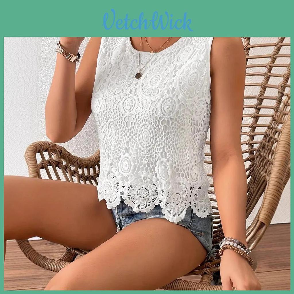 Summer White Cotton Polyester Sleeveless Lace Hollow Tshirt For Casual Wear